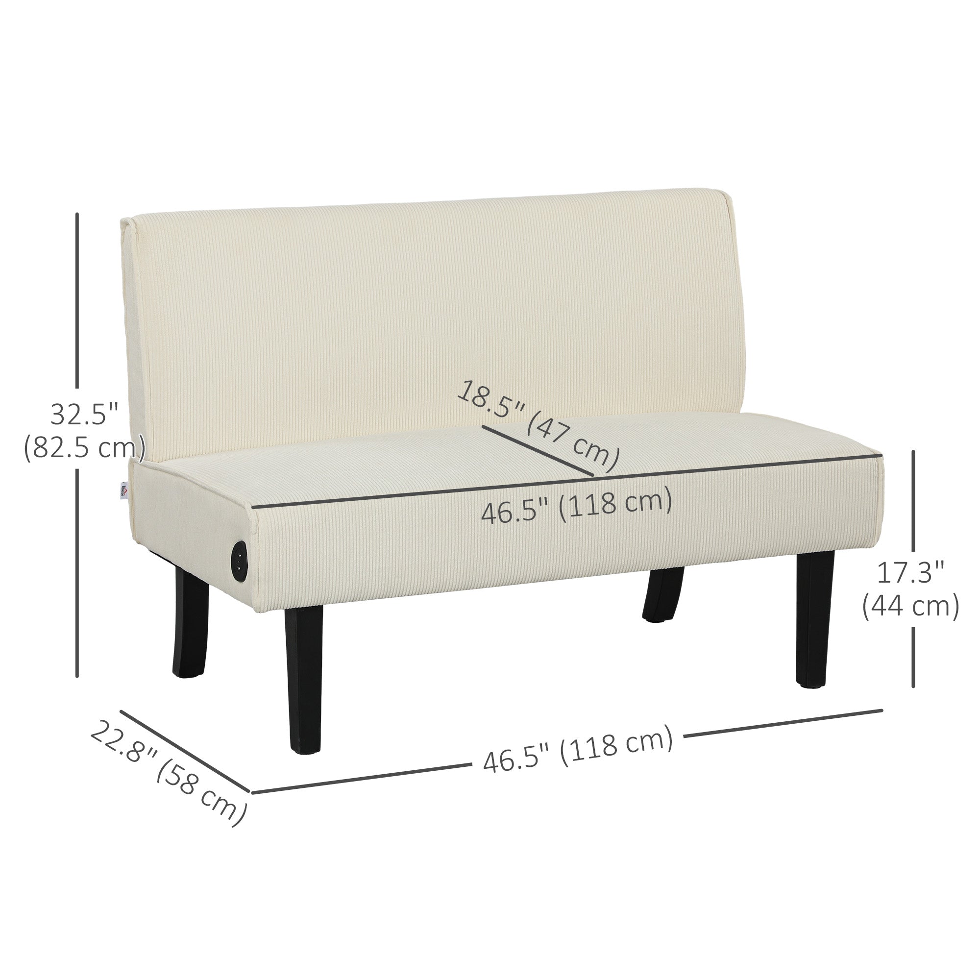 HOMCOM 46.5" Loveseat Couch with USB Ports, Corduroy Love Seat Sofa with Wood Legs for Living Room, Bedroom, Small Space, Cream 