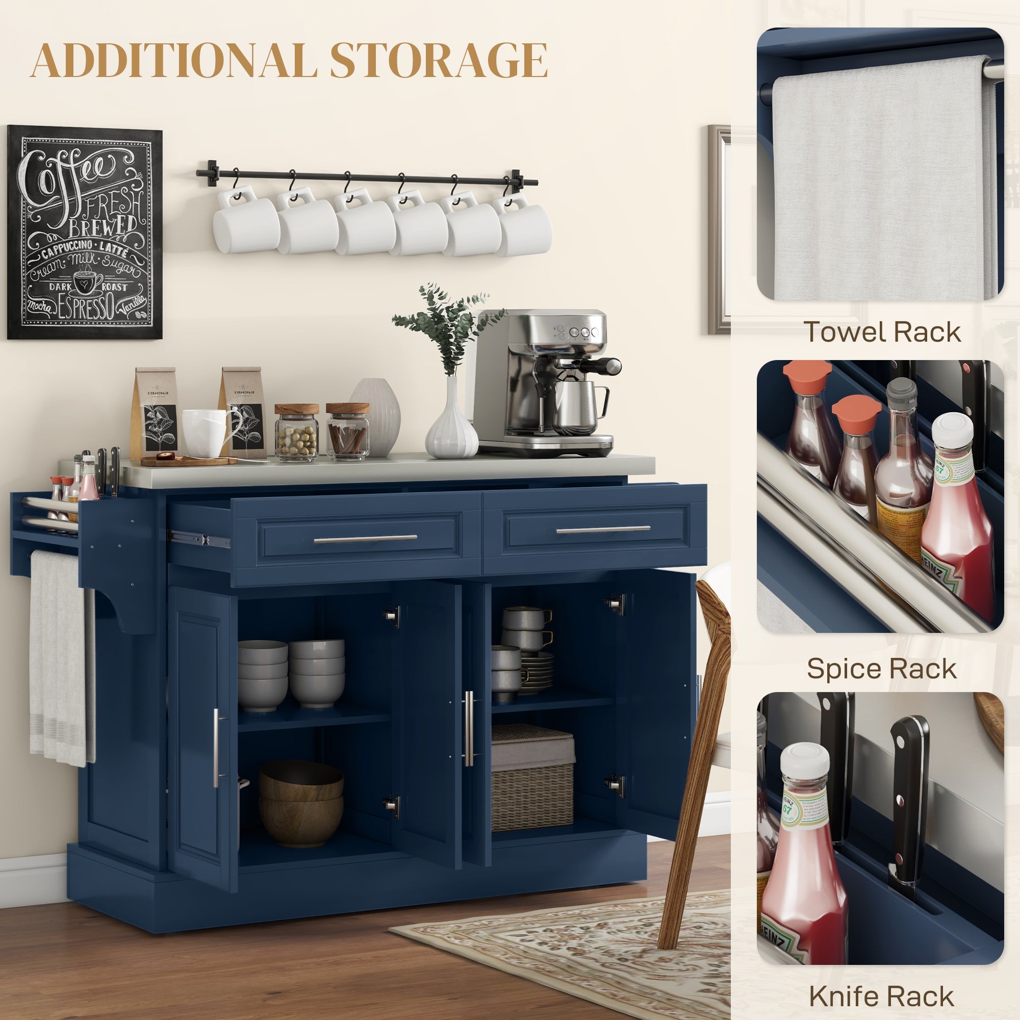 HOMCOM Rolling Kitchen Island with Storage and Stainless Steel Top, Kitchen Trolley with Drawers, Cabinets, Towel Rack, Blue 