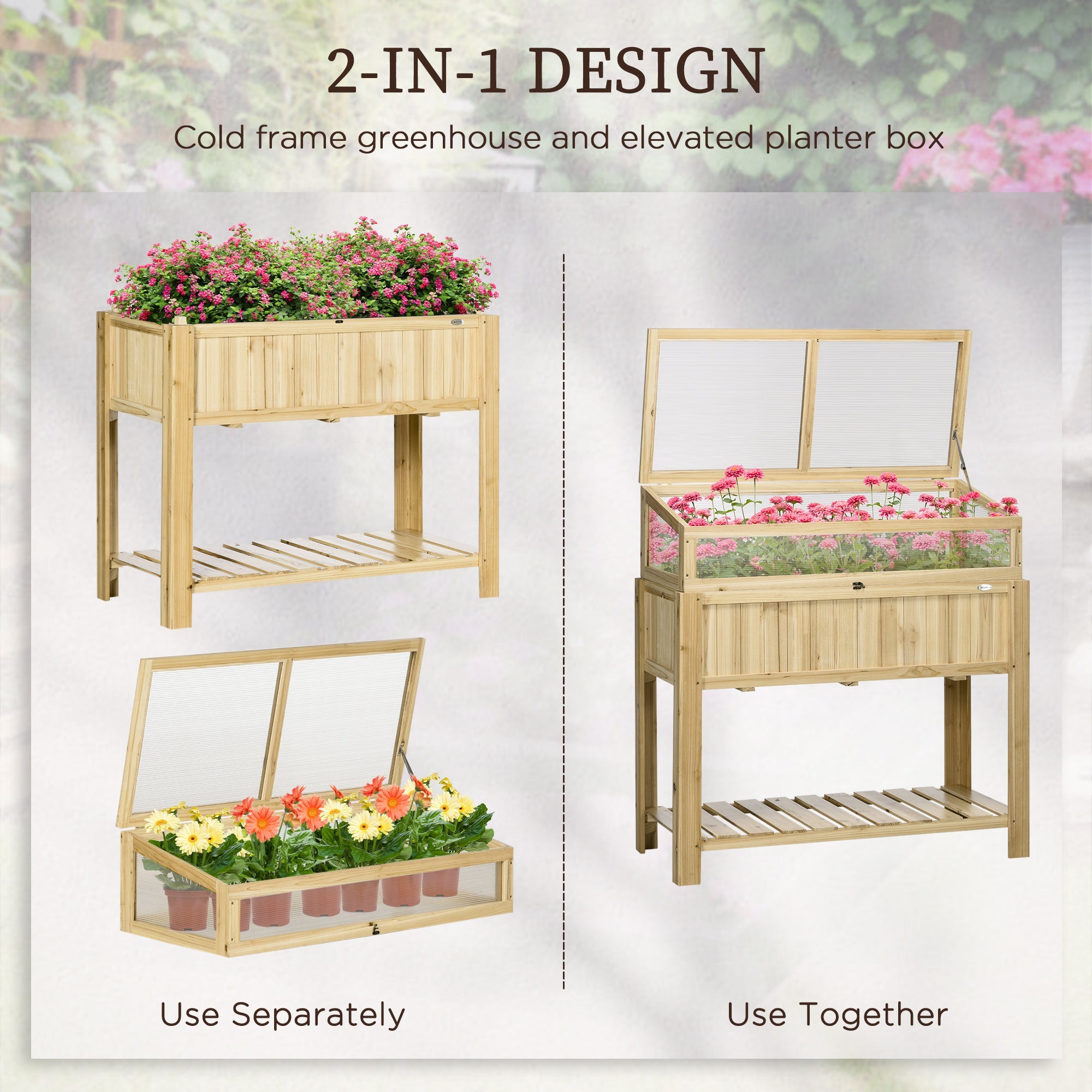 Outsunny Outdoor Raised Garden Bed with Cold Frame Greenhouse Storage Shelf Wooden PVC Elevated Planter Box Natural 