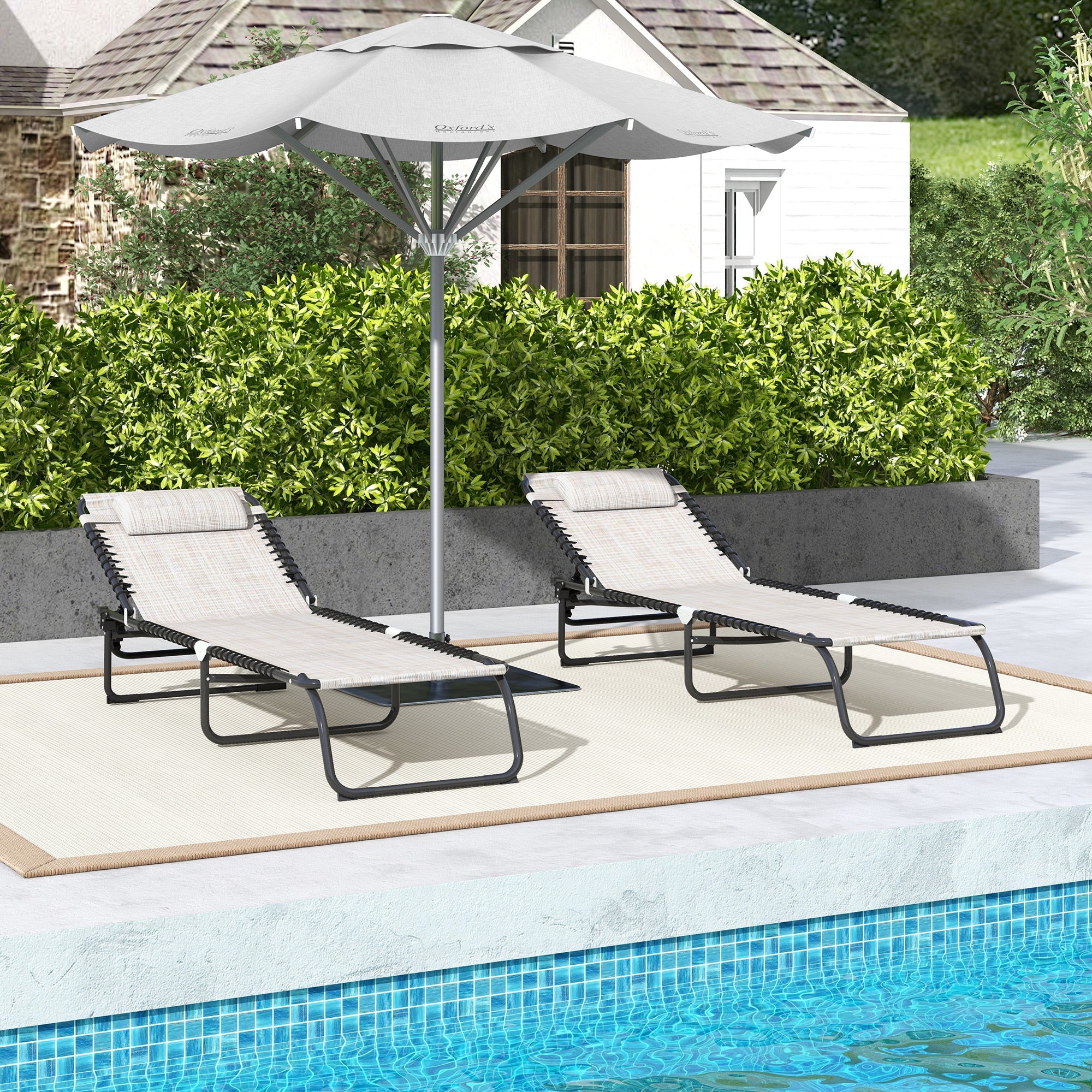 Outsunny 2 PCs Folding Lounge Chairs, Adjustable Chaise Lounges with Headrest for Camping, Hiking, Cream White 