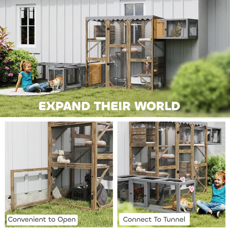 Wooden Catio Outdoor with Window Access, Waterproof Cover, Relaxing Condo, 5 Platforms, Doors, 59" x 28" x 59", Brown