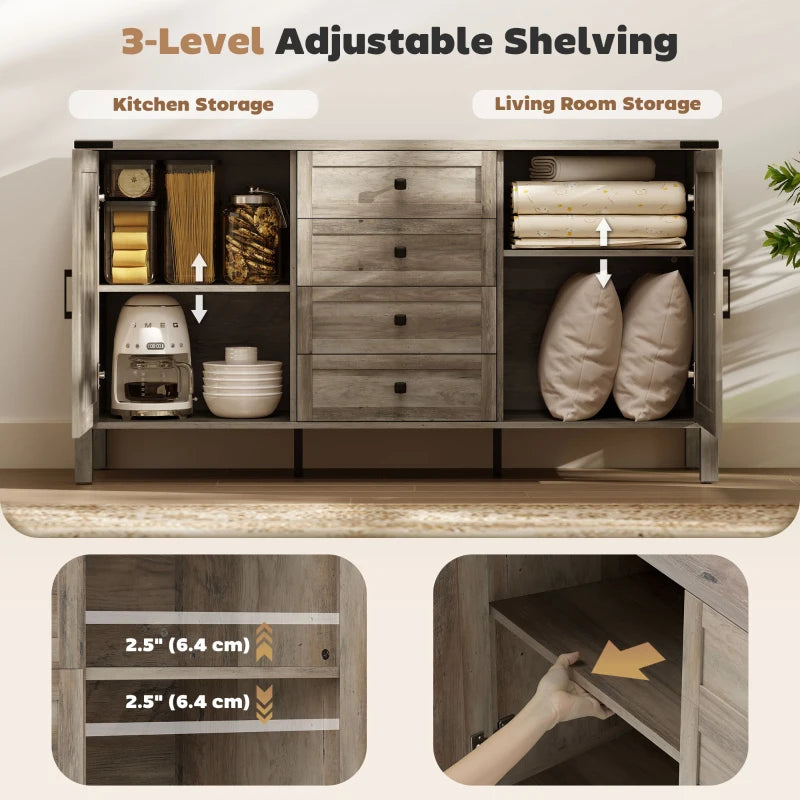 59" Buffet Cabinet, Farmhouse Sideboard with Thick Top, 2 Barn Doors, 4 Drawers and 2 Adjustable Shelves, Grey