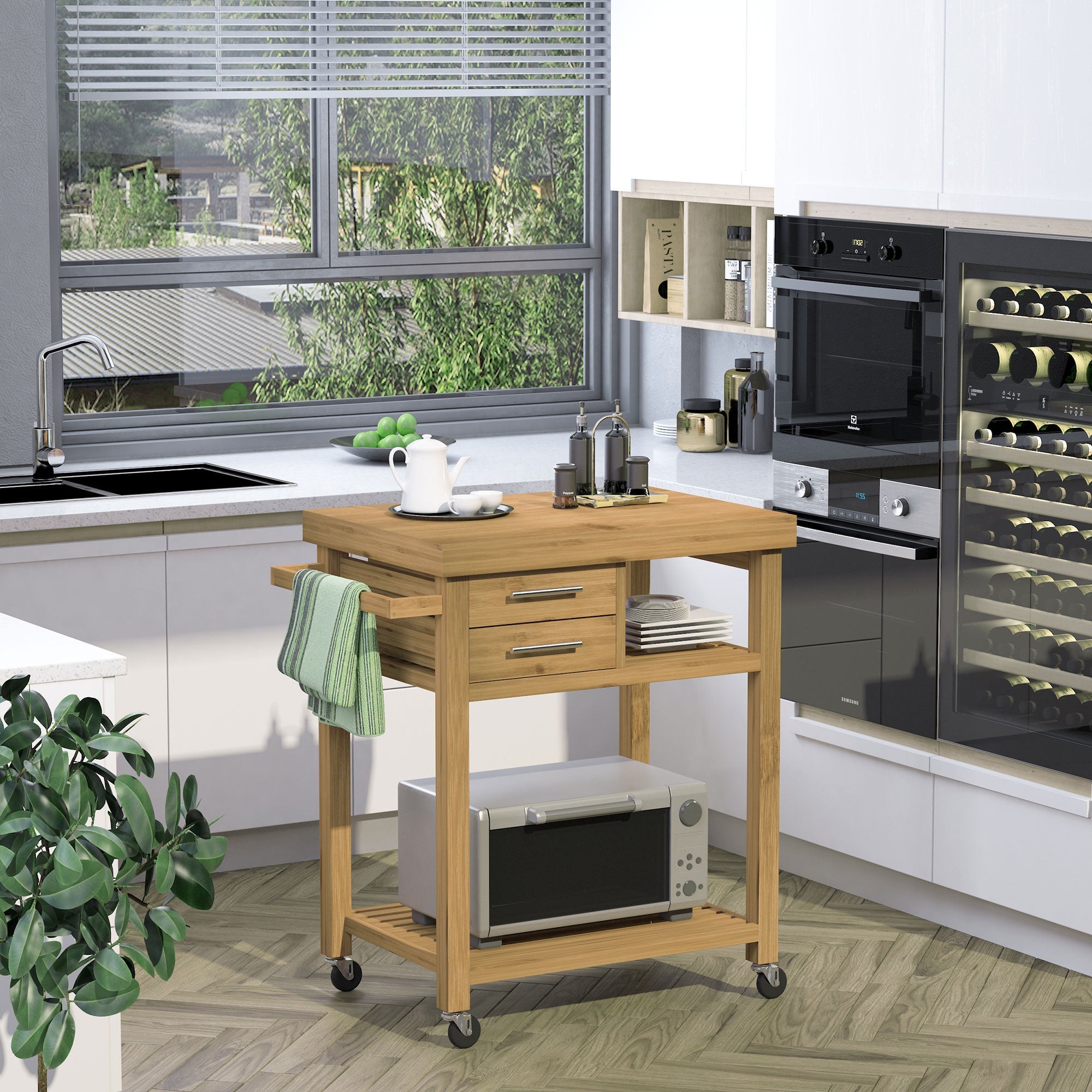HOMCOM Bamboo Bounty: Kitchen Island Trolley Rolling Utility Cart with Wheels, Drawers, Shelves for Living Room 