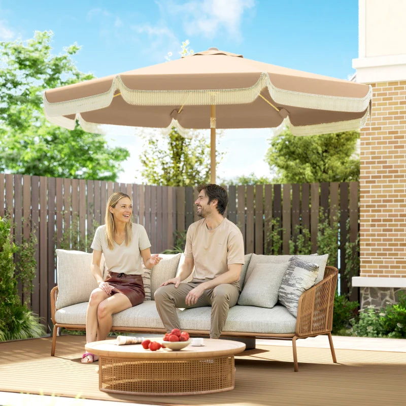 9 ft Patio Umbrella with Push Button Tilt and Crank, Fringed Outdoor Market Table Umbrella Parasol, Khaki