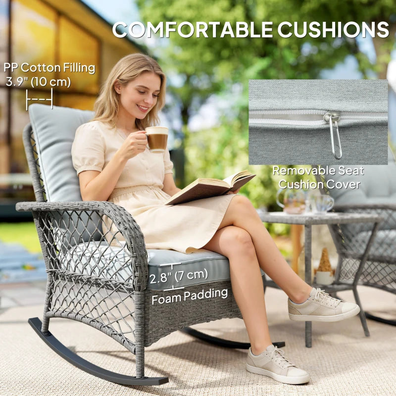 Rocking Bistro Set, 3 Piece Wicker Patio Furniture with High Back Rocking Chairs and 2-Tier Glass Table, Light Grey