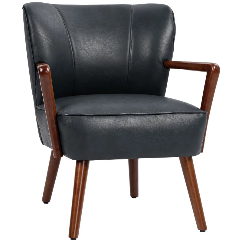 Accent Chair, Modern Armchair, Faux Leather Upholstered Living Room Chair with Wood Legs and Wide Padded Seat, Black