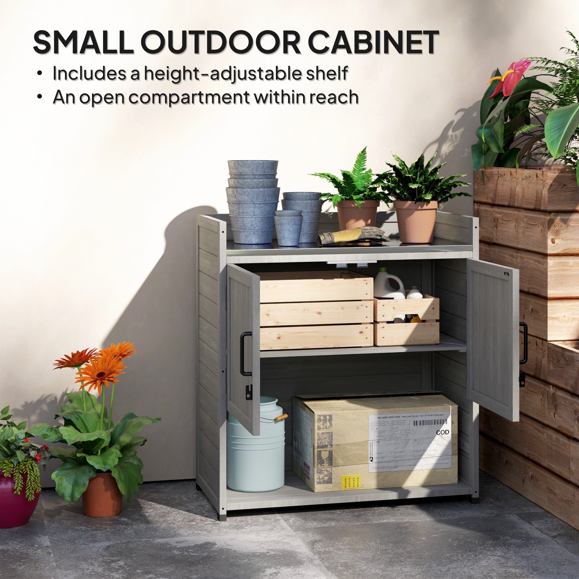 Outsunny 2-in-1 Outdoor Storage Cabinet, Wood Garden Shed with Shelves, Vent Holes, Foot Caps for Backyard, Patio, Lawn 