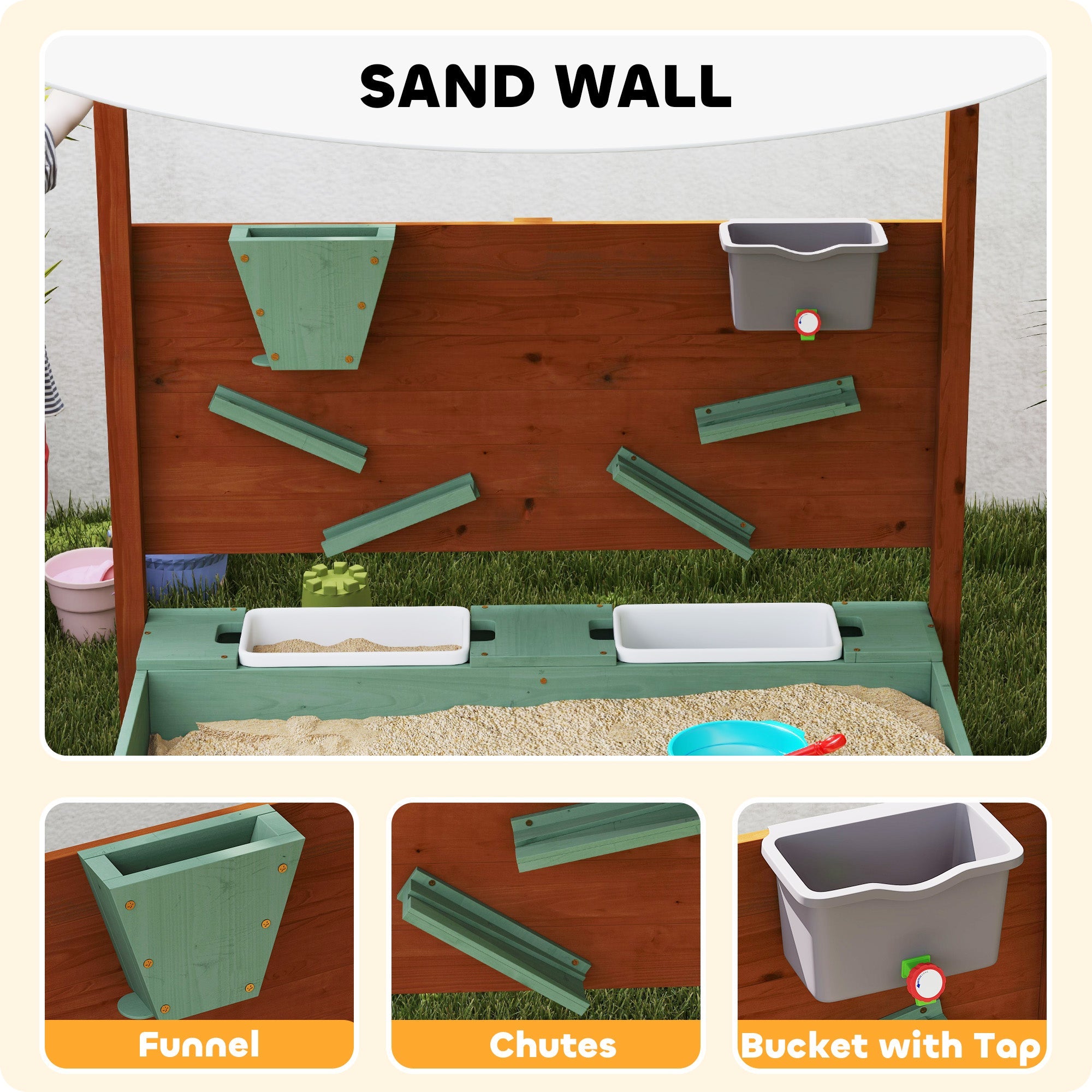 Qaba Wooden Kids Sandbox with Canopy, Sand Wall, Bottom Liner, for 3-6 Years, 46" x 44" W x 50", Green 