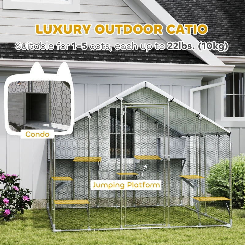 94.5" Extra Large Metal Outdoor Catio with Waterproof Cover, 2 Resting Boxes, 7 Platforms, for Multiple Rabbits, Chicken
