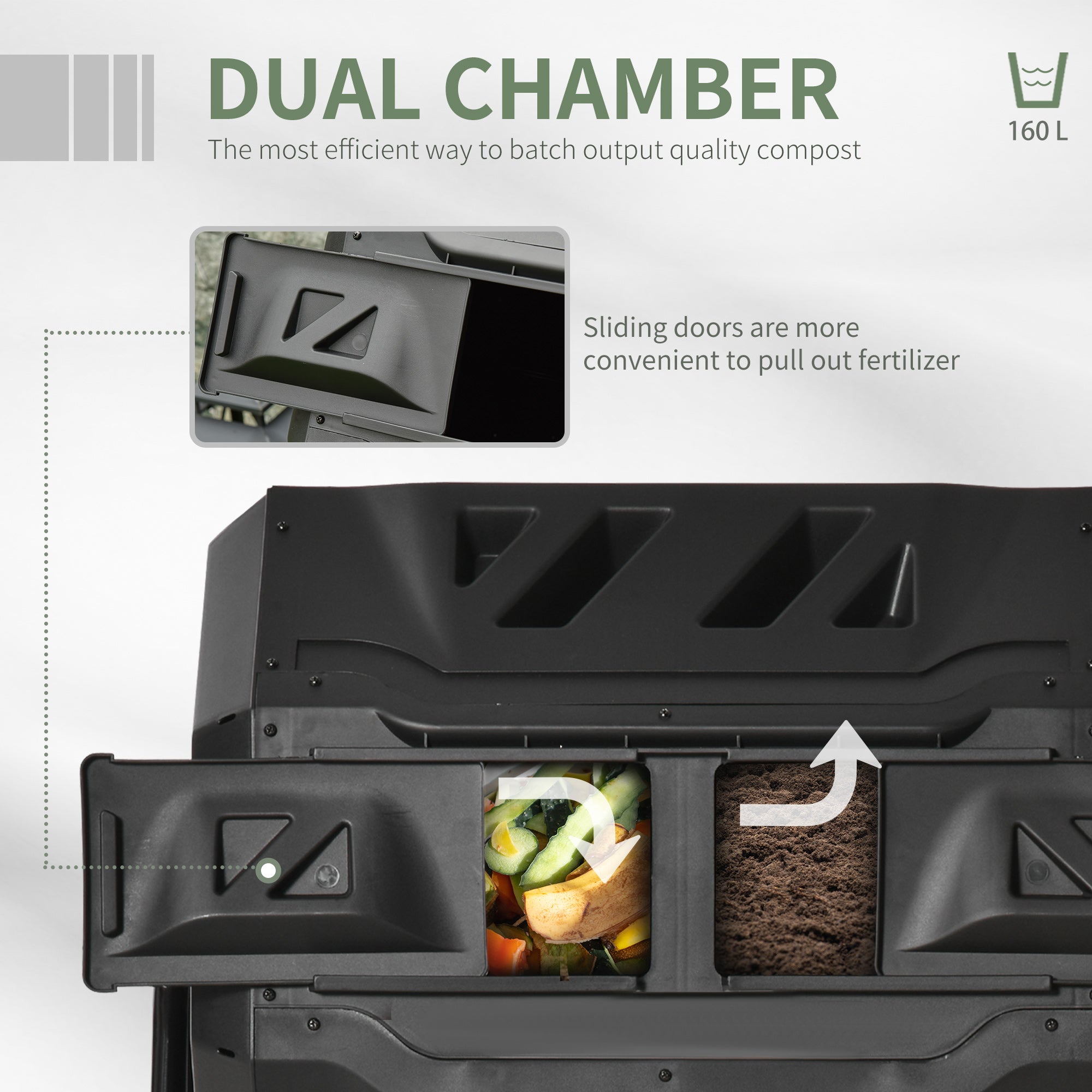 Outsunny Dual Chamber Tumbling Composter 360° Rotating 43 Gallon Outdoor Compost Bin w Sliding Doors Steel Frame Black 