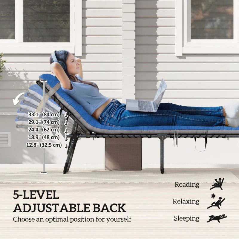 Outdoor Lounge Chair Set of 2, Folding Chaise Lounge Tanning Chair with Cushion, Side Pocket, Brown/Blue