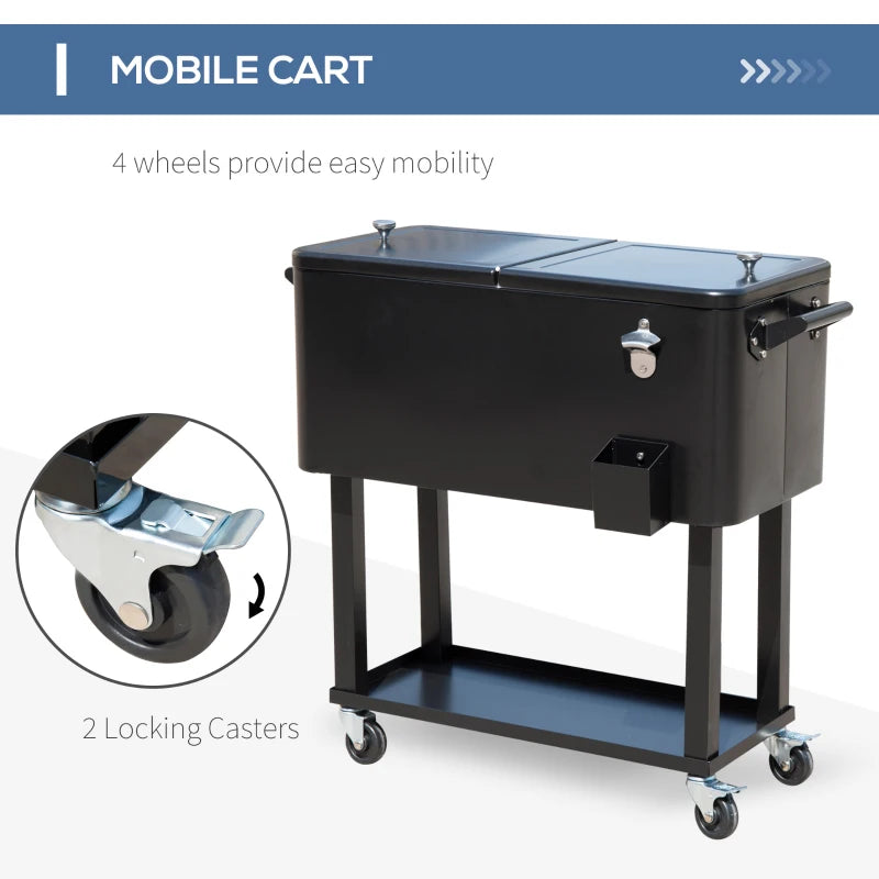 80 Quart Rolling Cooler Cart Portable Patio Ice Beer Beverage Cooling Bin for Outdoor Party w/ Bottle Opener & Storage Shelf Black