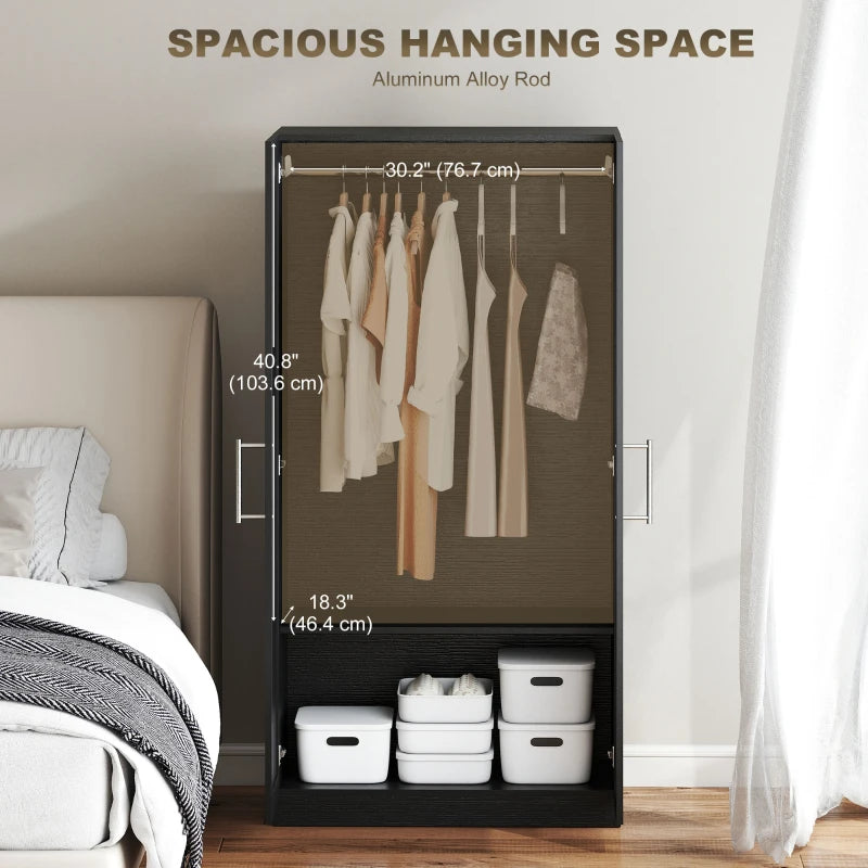 Wardrobe Cabinet with 2 Doors and Hanging Rod, Modern Armoire Wardrobe Closet for Bedroom, Black Wood Effect