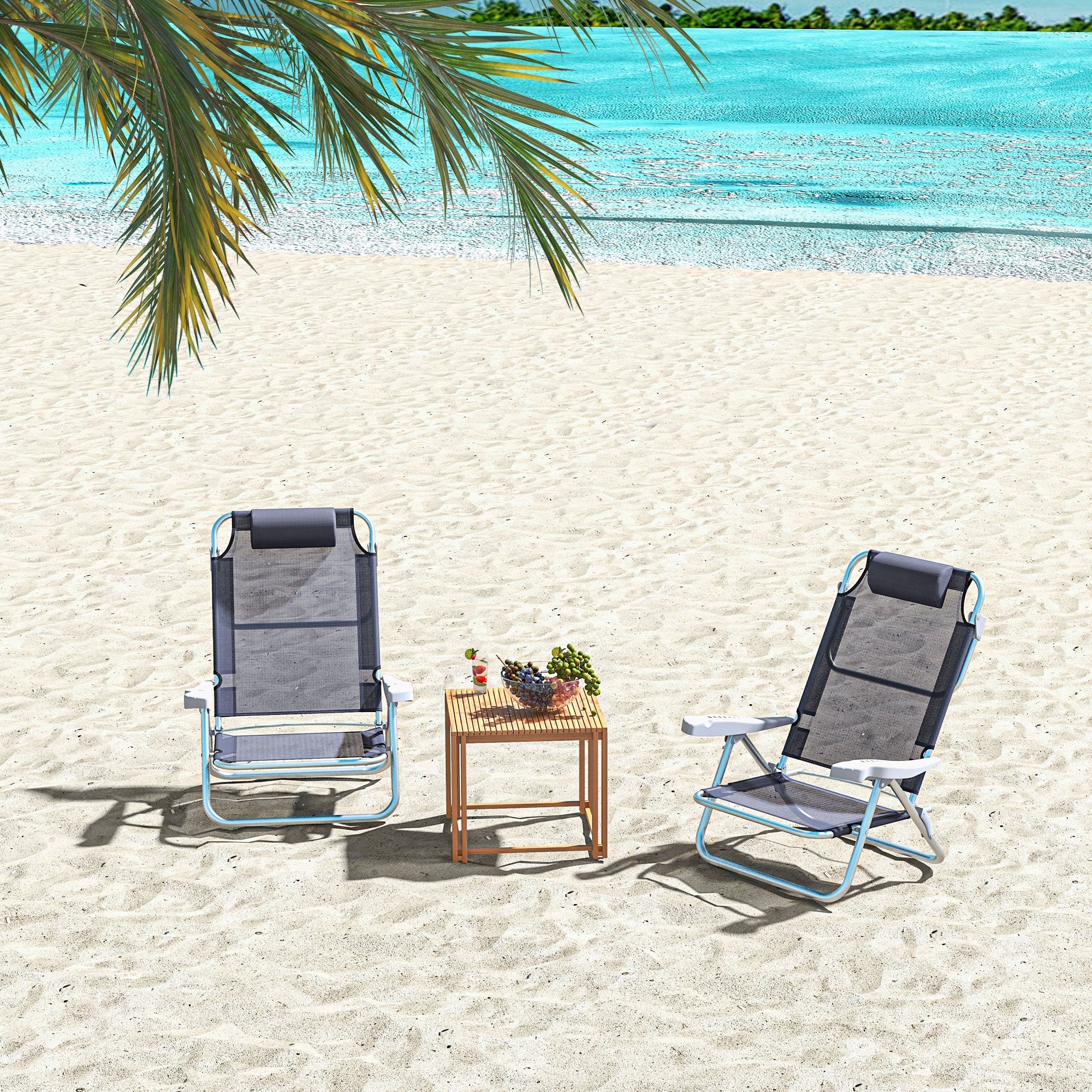 Outsunny Set of 2 Fishing Chairs, Camping Chairs with Adjustable Backrest and Headrest, Folding Chair for Outdoor, Dark Blue 