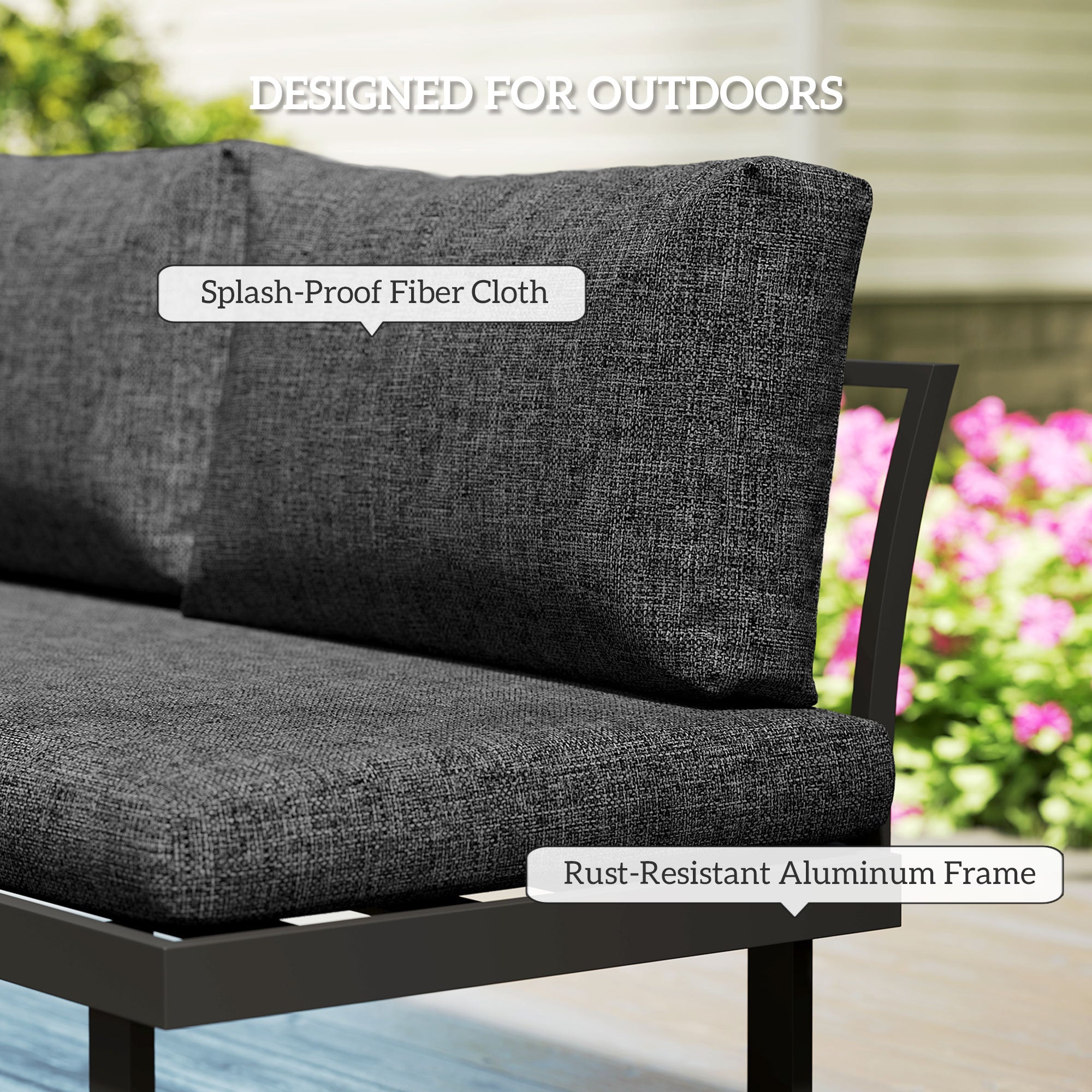 Outsunny 3 Pieces Aluminum Corner Patio Furniture Set Sectional Outdoor Sofa Set with 2 Loveseats Wood-Plastic Coffee Table Grey 