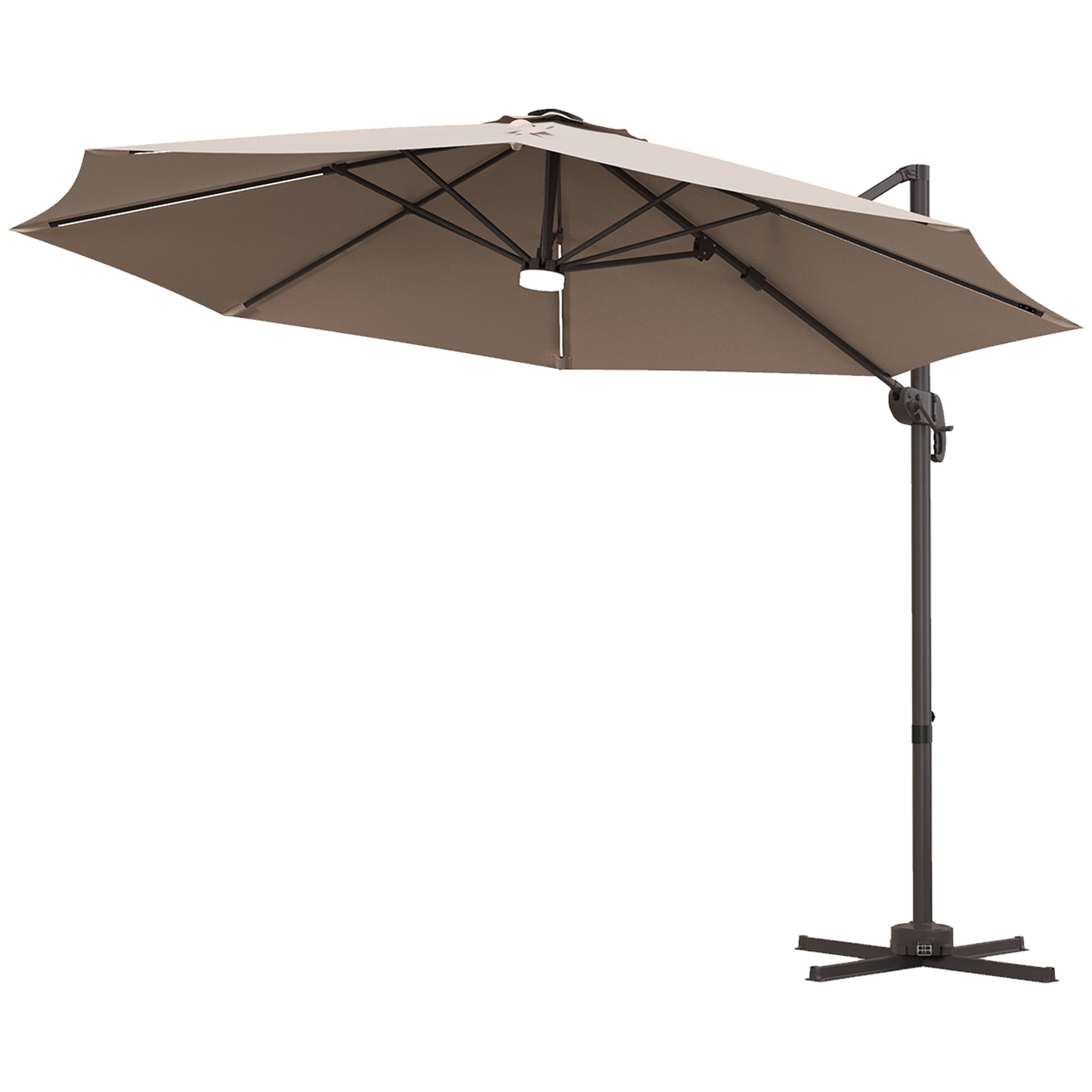 Outsunny 10ft Offset LED Patio Umbrella: Cantilever Parasol with 360° Rotation, Cross Base for Outdoor Deck & Beach, Khaki 