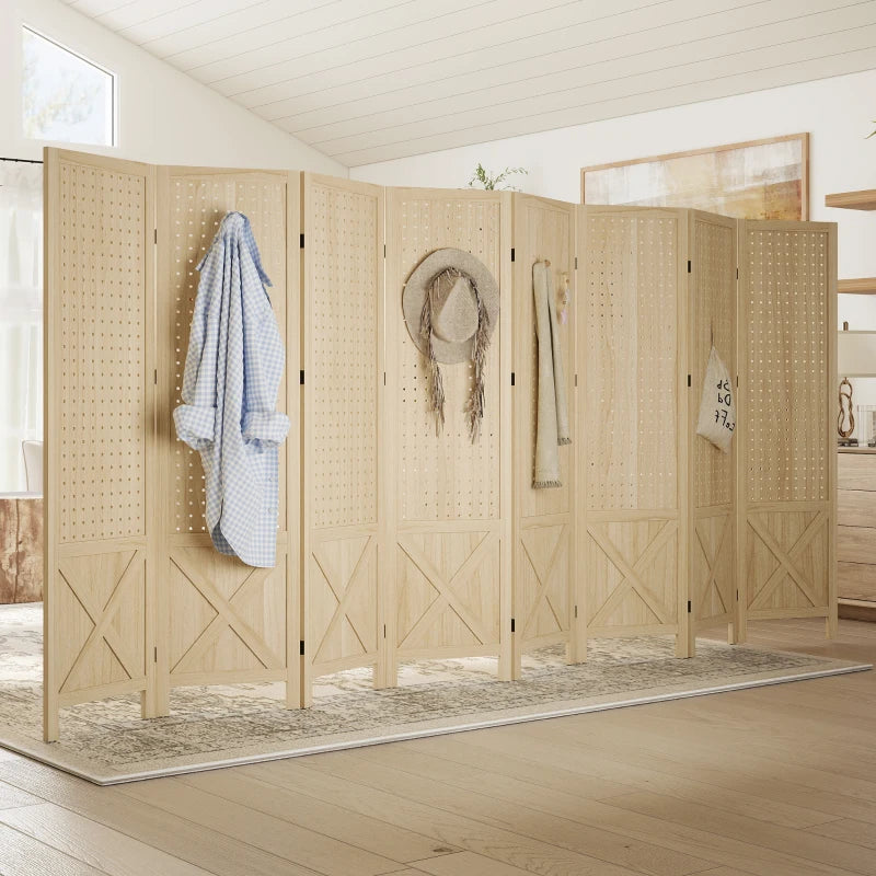 Wooden Room Divider with Pegboard Display, 8 Panel Folding Privacy Screen for Home Office, Natural Wood