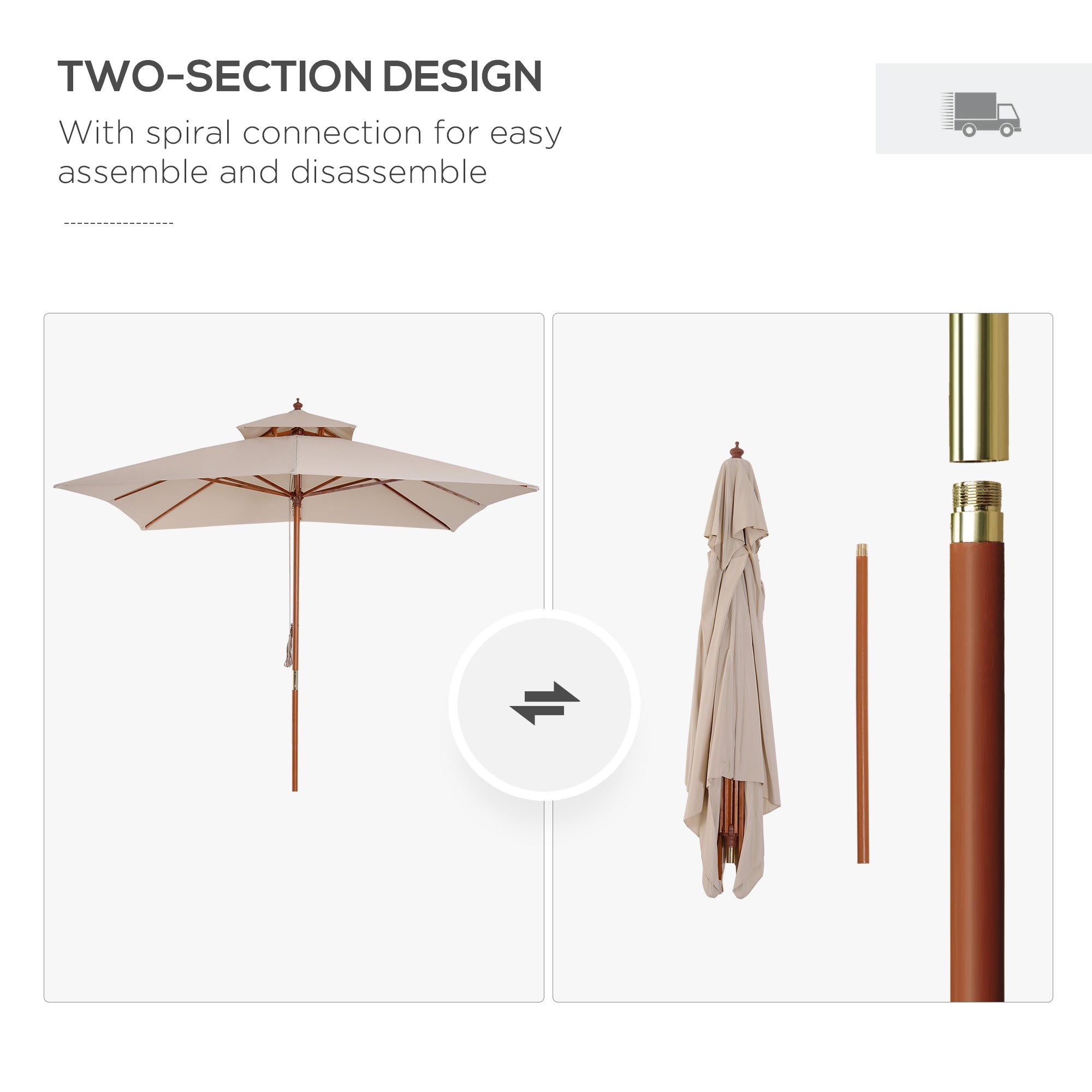Outsunny 10x10ft Wood Square Patio Umbrella Garden Market Parasol Sunshade Canopy with 2 Pulley Pagoda Style (Khaki) 