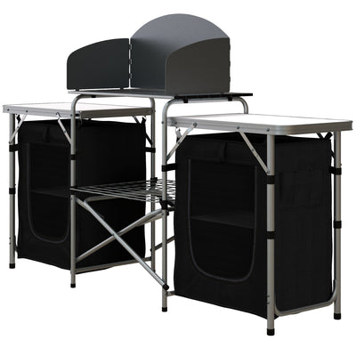 Outsunny Folding Camping Table with Windshield Aluminum Portable Kitchen Cupboards BBQ Camp Party Picnic 