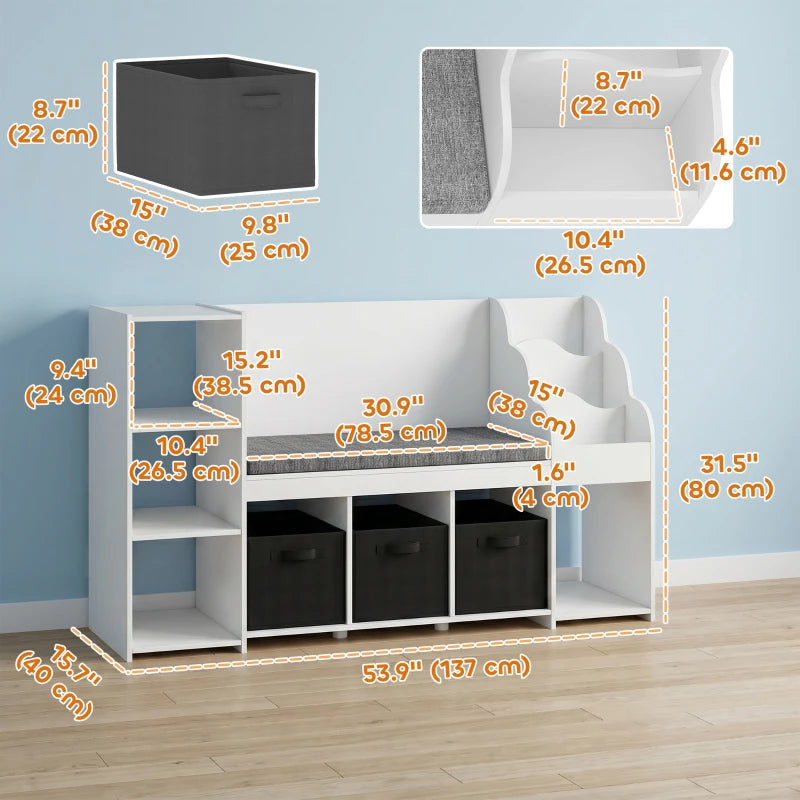 Qaba Kids Storage Shelf with Reading Nook, Toy Organizer with Cushion Seat, Bookshelf, 4 Cubbies & 3 Fabric Drawers for Playroom and Nursery