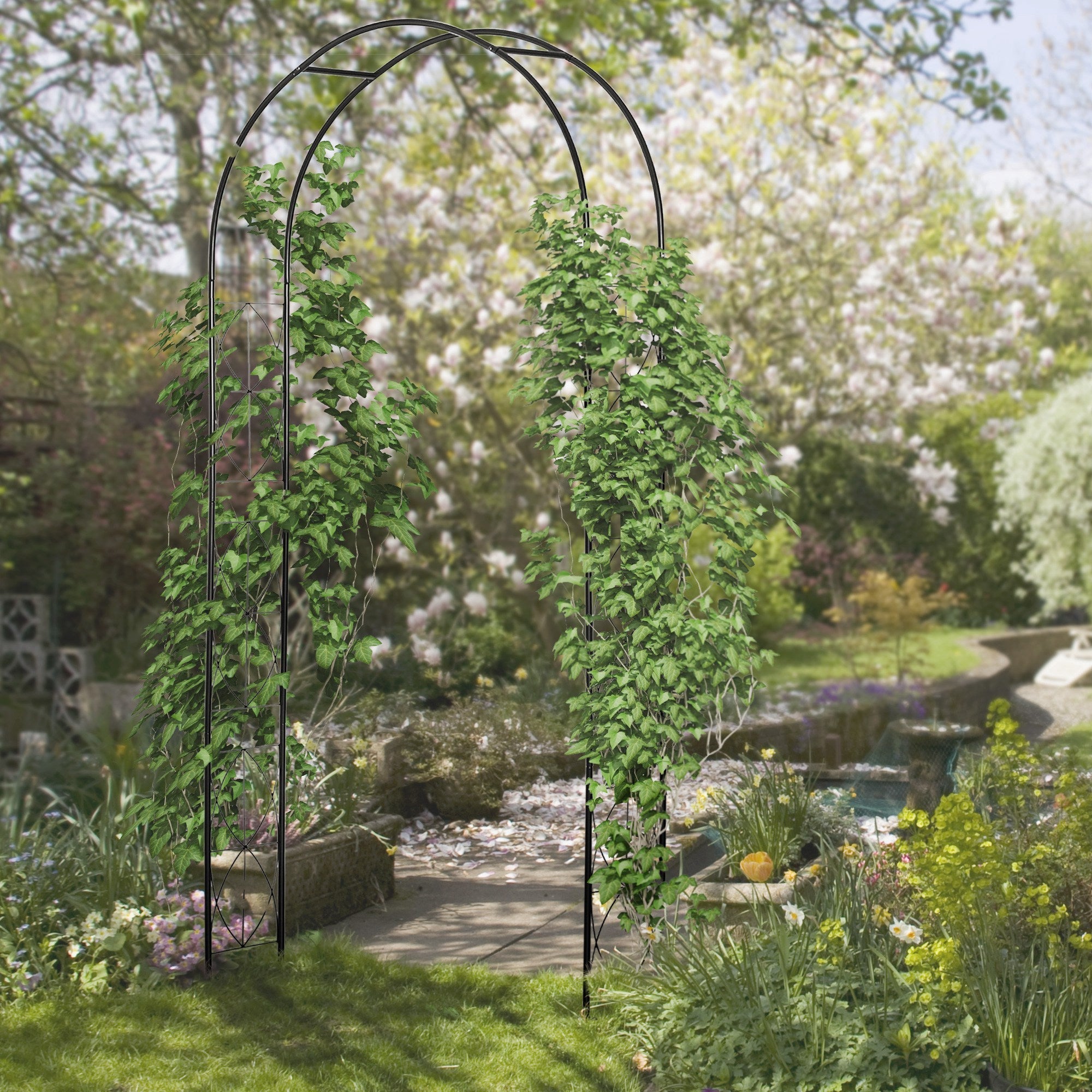 Outsunny Elegant Garden Arch Arbor, Metal Trellis for Climbing Plants & Vines, Outdoor Patio Decoration, Black 