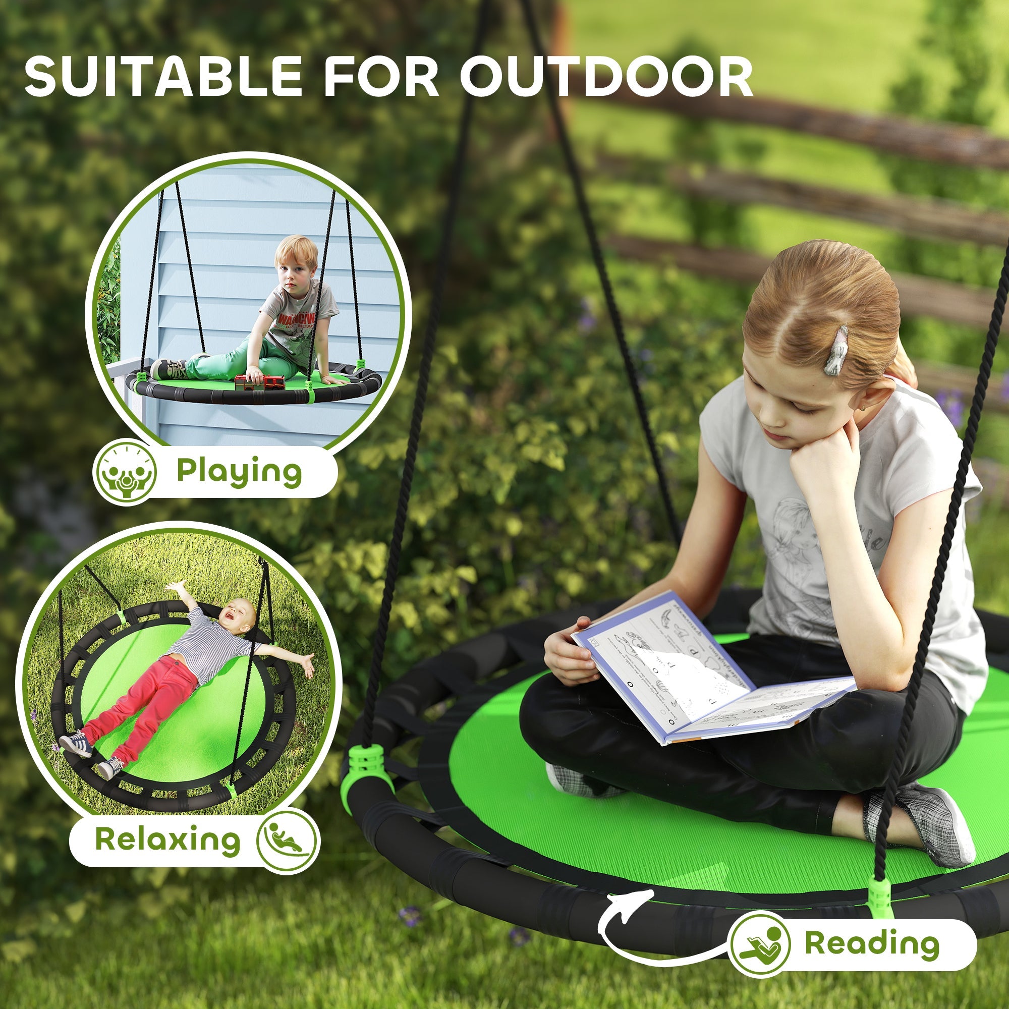 Qaba 39 inch Saucer Tree Swing Set for Kids with Adjustable Hanging Ropes for Outdoor, Backyard, Green 