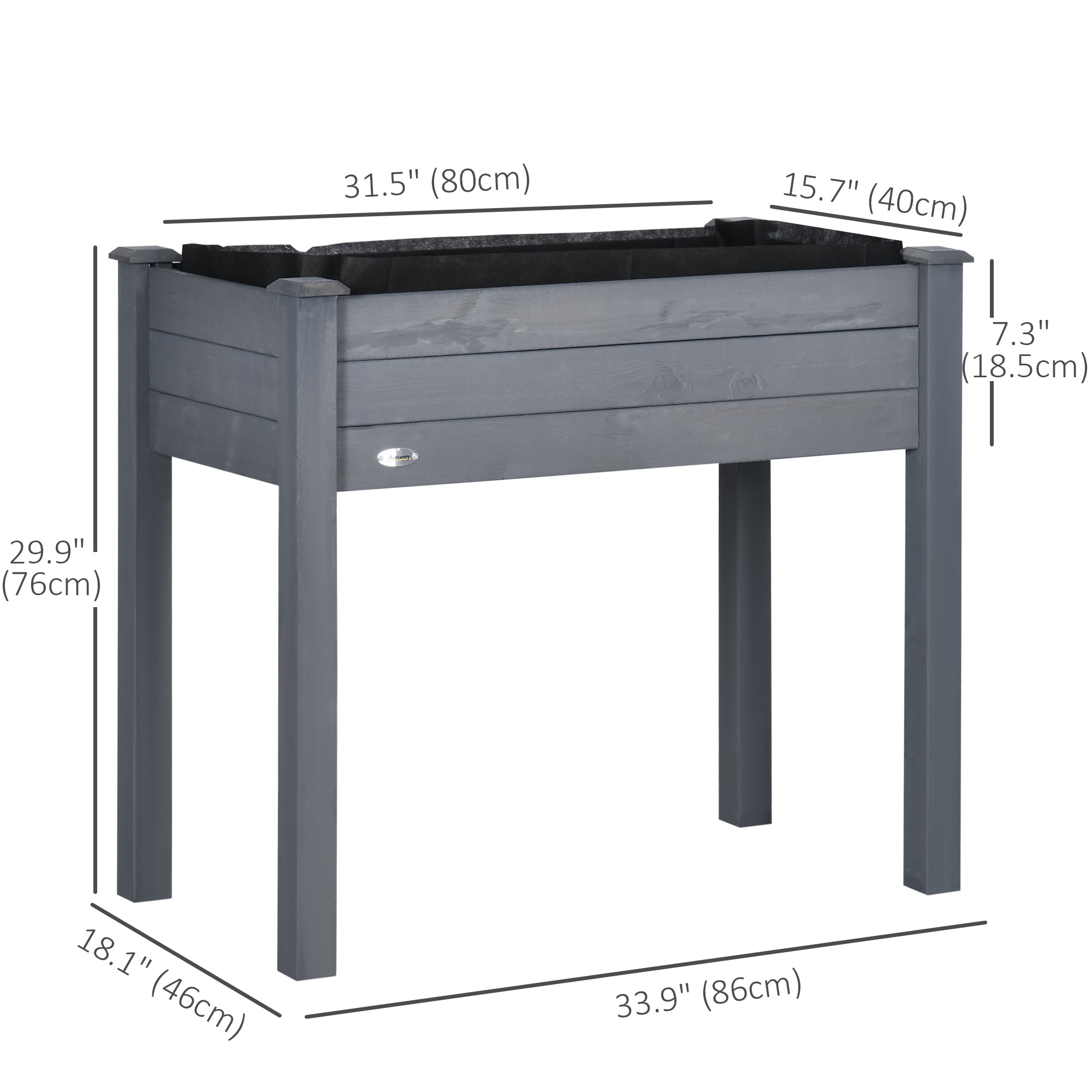 Outsunny Elevated Wooden Planter Box 34"x18"x30" with Legs, Drainage, Inner Bag for Easy Gardening - Dark Grey 