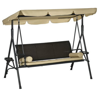 Outsunny Outdoor 3-Seat Porch Swing with Canopy: Rattan Seat, Removable Cushion, Pillows, Steel Frame for Patio Comfort 