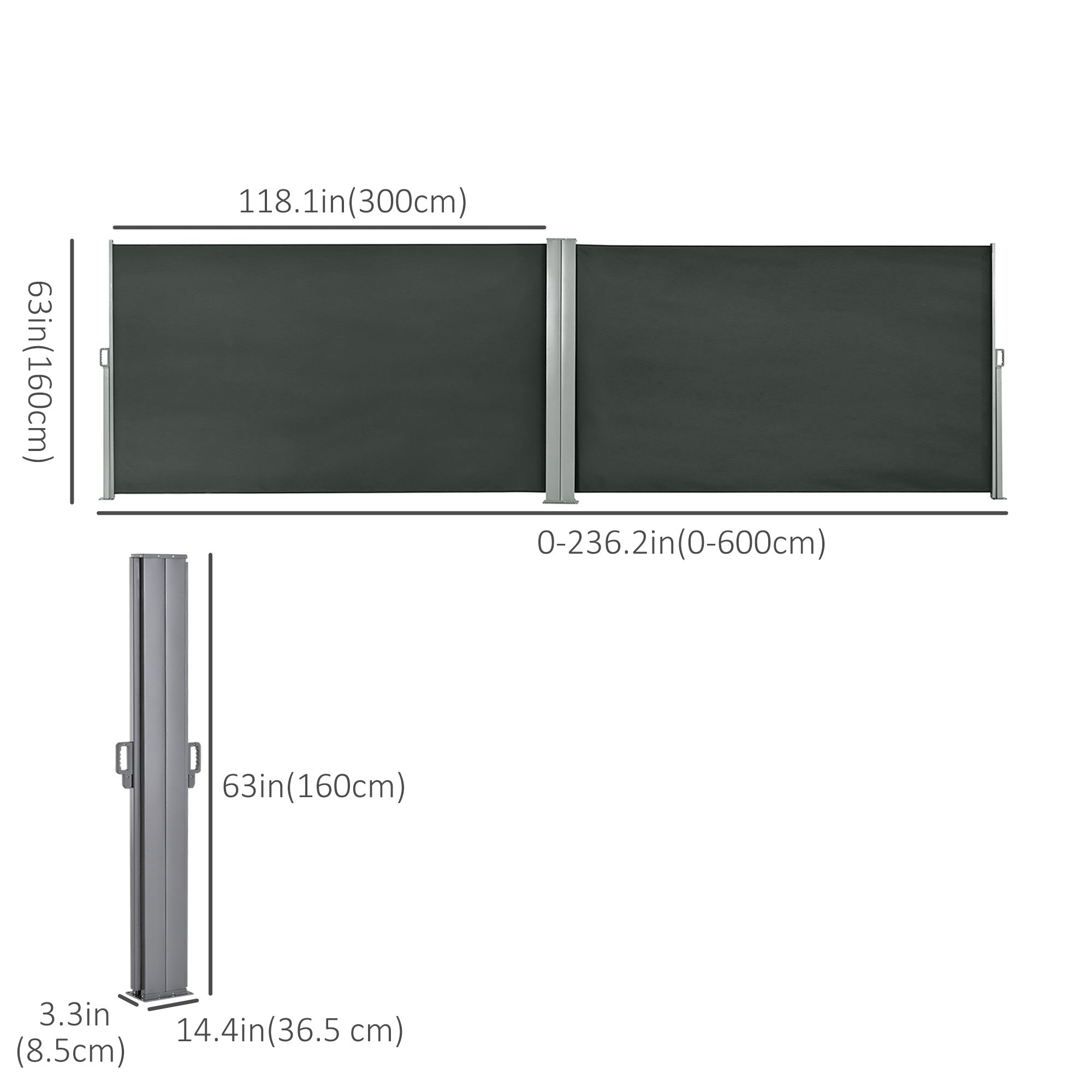 Outsunny Double Retractable Side Awning, 236" x 63" Outdoor Privacy Wall, Patio Screen for Garden, Balcony, Backyard, Grey 