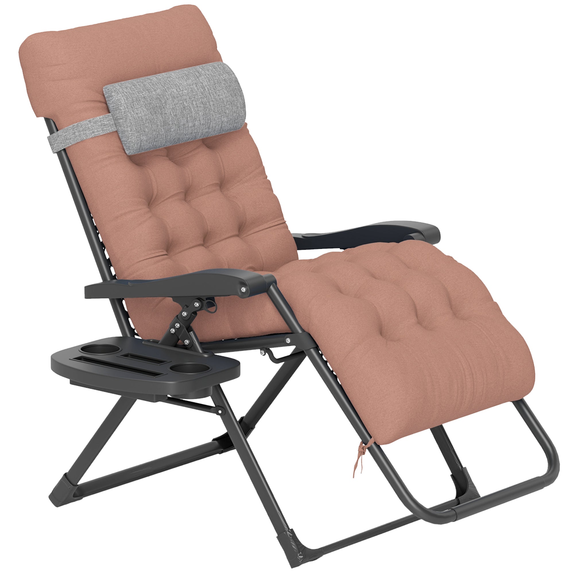 Outsunny Padded Folding Recliner Chair, Patio Lounger with Cupholder, Adjustable Backrest, Removable Cushion, Khaki 