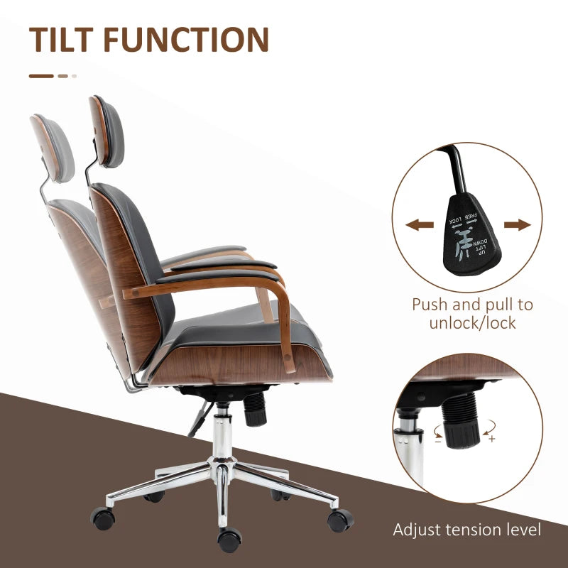 Office Chair, PU Leather Desk Chair with Removable Headrest, Adjustable Height, Tilt Function and with Wheels, Black