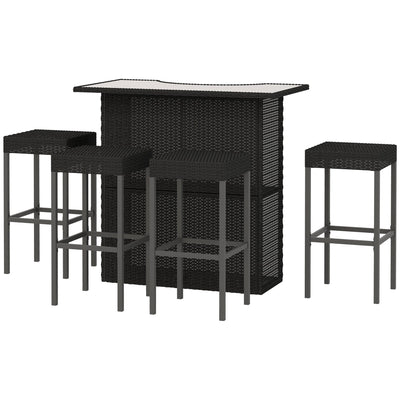 Outsunny 5 Pieces Patio Bar Set, Outdoor PE Rattan Wicker High Top Outdoor Table and Chairs with Glass Top Bar Table and Shelfs, 4 Bar Chairs, Black 