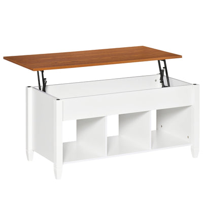 HOMCOM White & Brown Lift Top Coffee Table: Pop-Up Center Table with Hidden Storage, 3 Lower Shelves for Living Room 