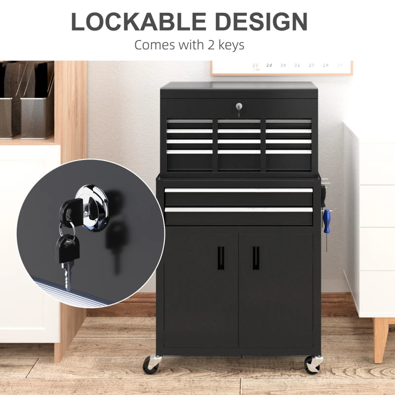 6-Drawer Rolling Tool Chest, 2 in 1 Lockable Storage Cabinet with Hooks, Metal Tool Box for Garage, Workshop, Black