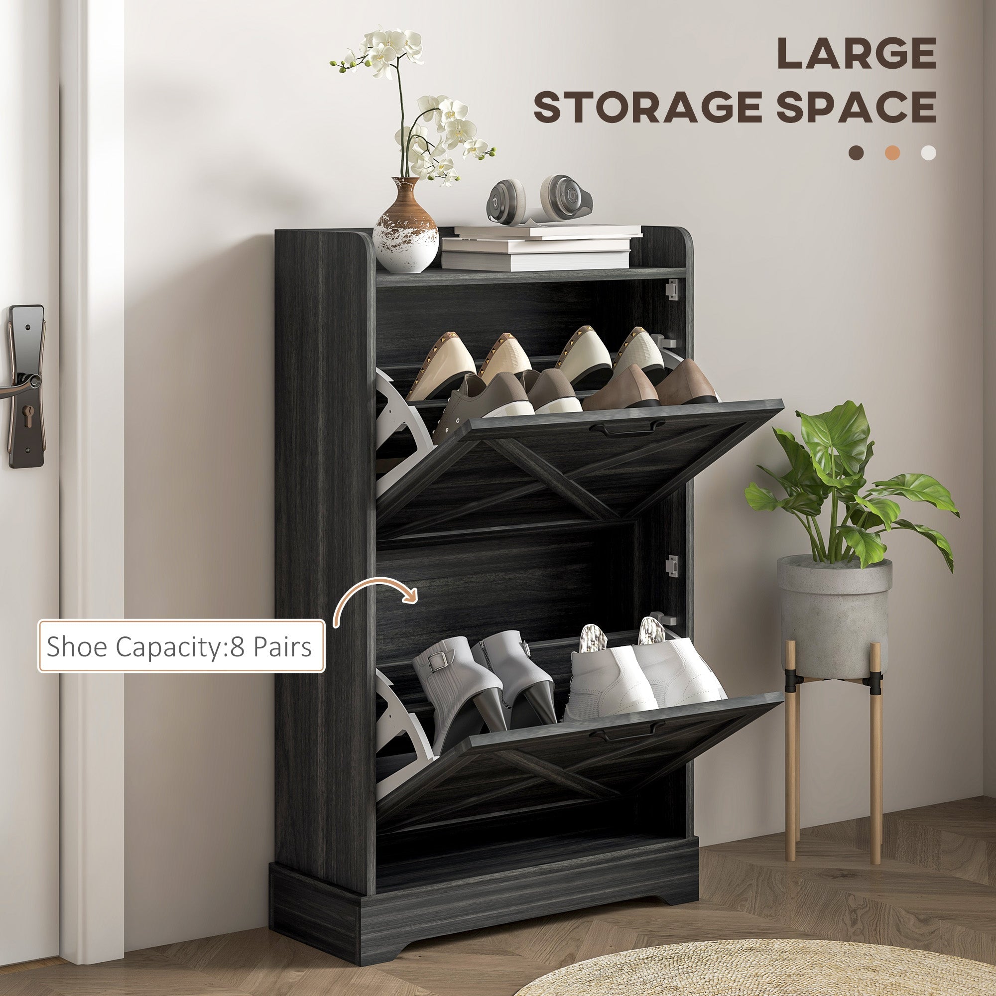 HOMCOM Slim Shoe Storage Cabinet, Farmhouse Shoe Cabinet with 2 Flip Drawers, Adjustable Shelves for 8 Pairs, Distressed Grey 