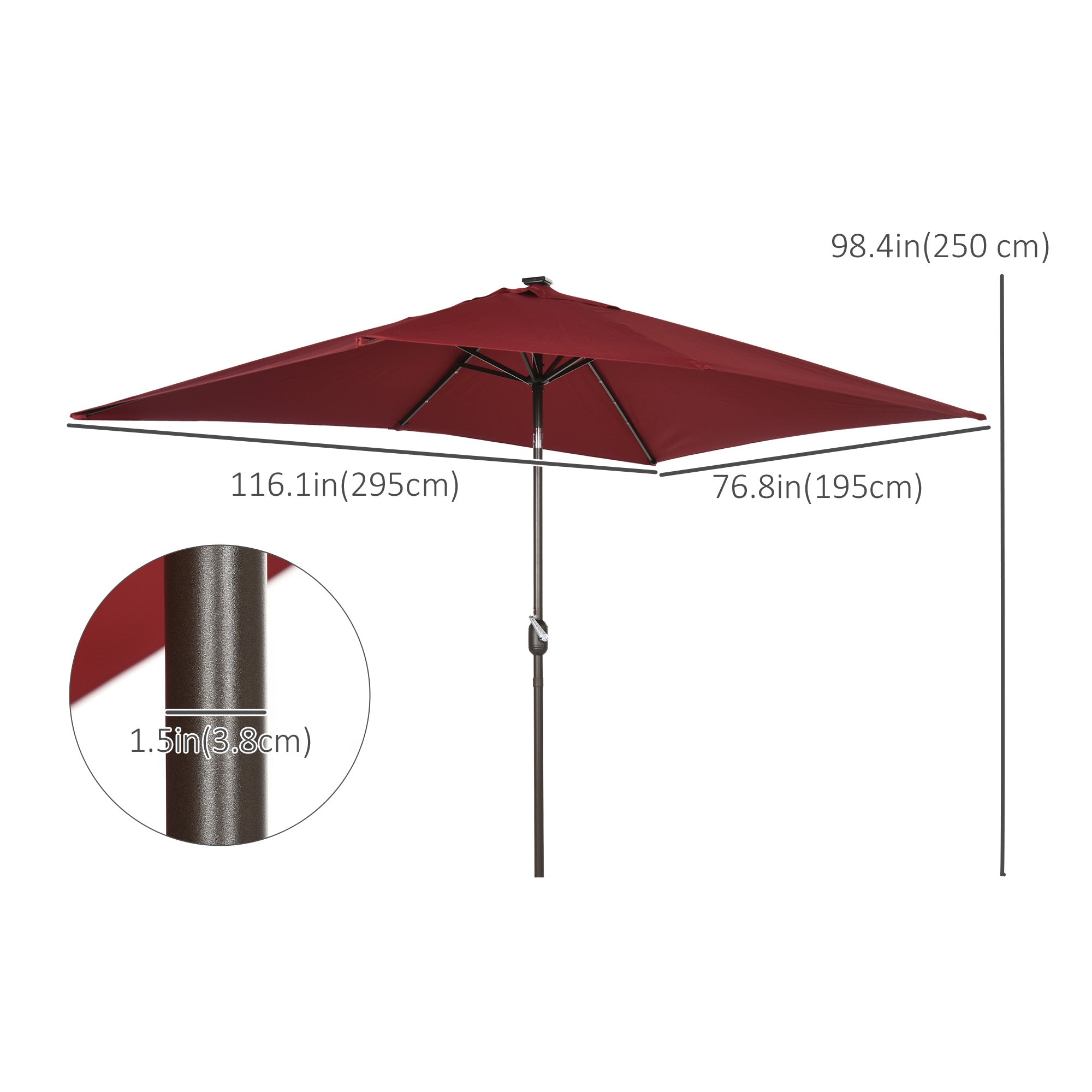 Outsunny 6.5x10ft Patio Umbrella Rectangle Solar Powered Tilt Aluminum Outdoor Market Parasol with LEDs Crank (Wine Red) 