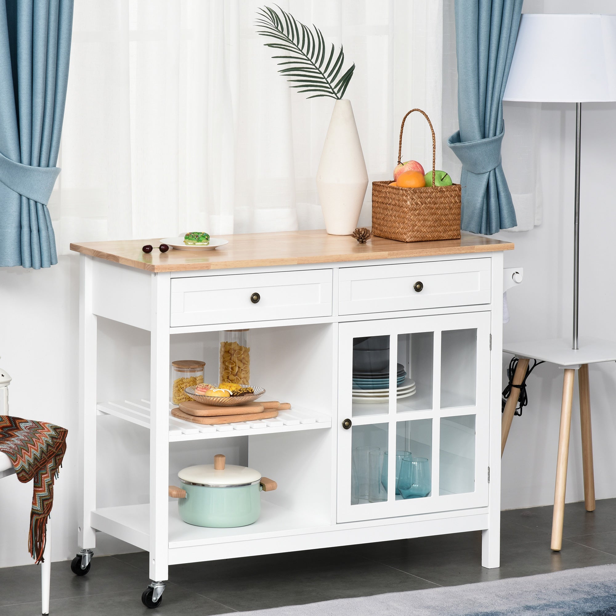 HOMCOM White Kitchen Utility Cart: Rolling Island with Rubber Wood Top, Towel Rack, Cabinets & Drawer Storage 