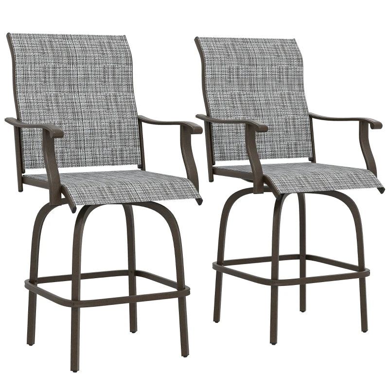 Outdoor Bar Stools Set of 2, Swivel Bar Height Chairs with High Back, Curved Armrests and Steel Frame, Mixed Grey