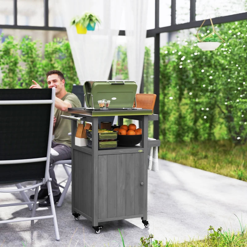 Grill Table with Stainless Steel Top, Pizza Oven Table with Storage Cabinet, Spice Rack, Wheels, Handle, Dark Grey