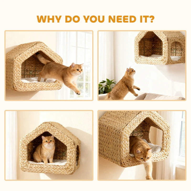 Cat Wall Shelf, Wall Mounted Cat House with Washable Cushion, Kitty Shelf Furniture for Indoor Kittens, Natural