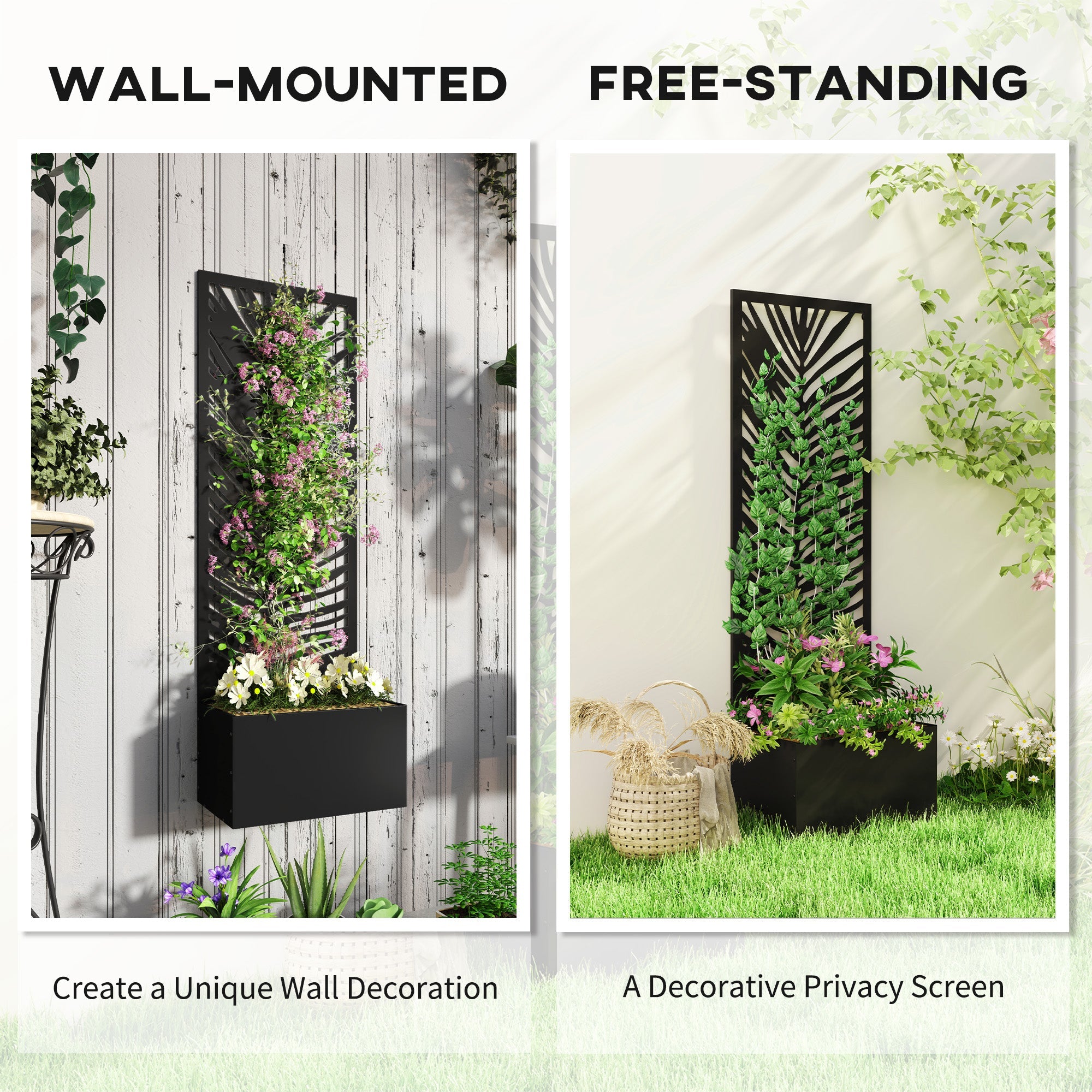 Outsunny Raised Garden Bed with Outdoor Privacy Screen, Metal Planter Box with Trellis, Wall-Mounted or Freestanding, Black 