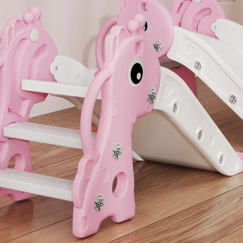 Qaba 3 in 1 Toddler Slide for Age 1-3, Kids Slide with Climber, Basketball Hoop and Ball, Giraffe Design, Pink