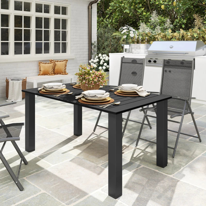 59" Outdoor Patio Table with Umbrella Hole, Outdoor Dining Table with Slatted Tabletop for Backyard Garden, Black