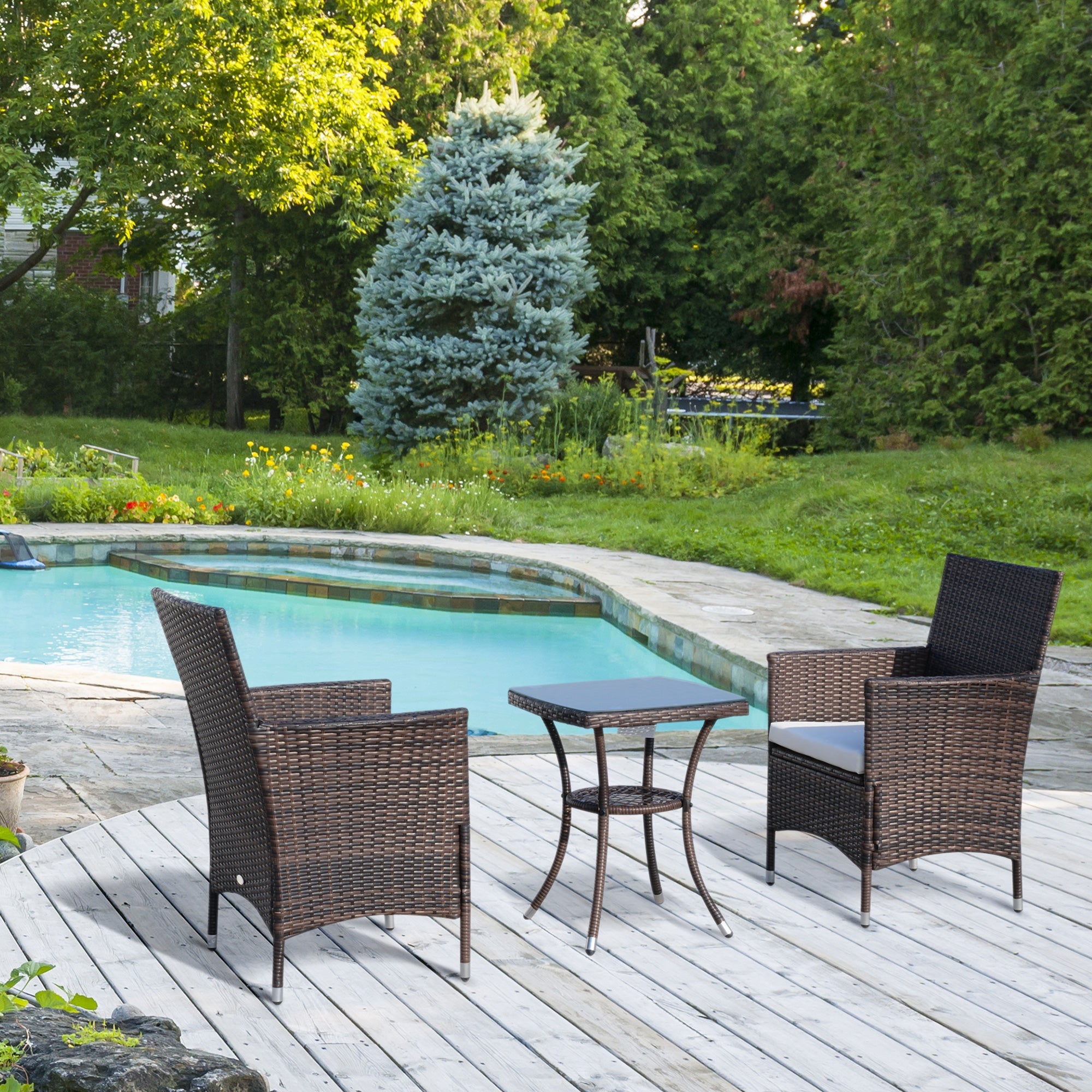 Outsunny 3 Pieces Patio Bistro Set, Outdoor PE Rattan Porch Furniture with Two Armchairs, Glass Top Coffee Table, Coffee 