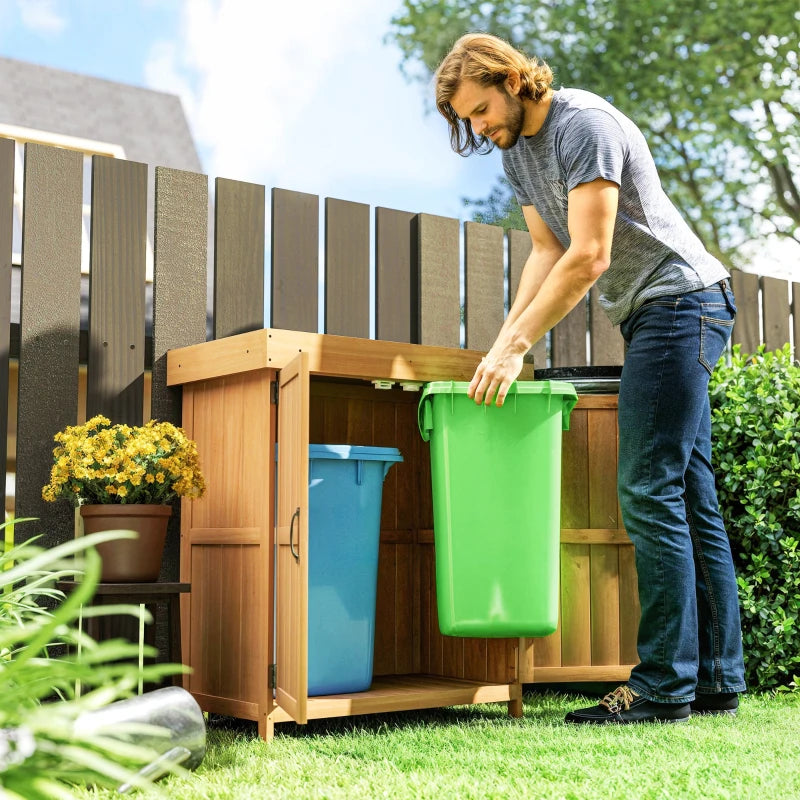 Wooden Garden Tool Storage Shed Kit with Hinged Roof, 2-Tier Shelves and Double Doors, 74x43x88cm, Natural Wood