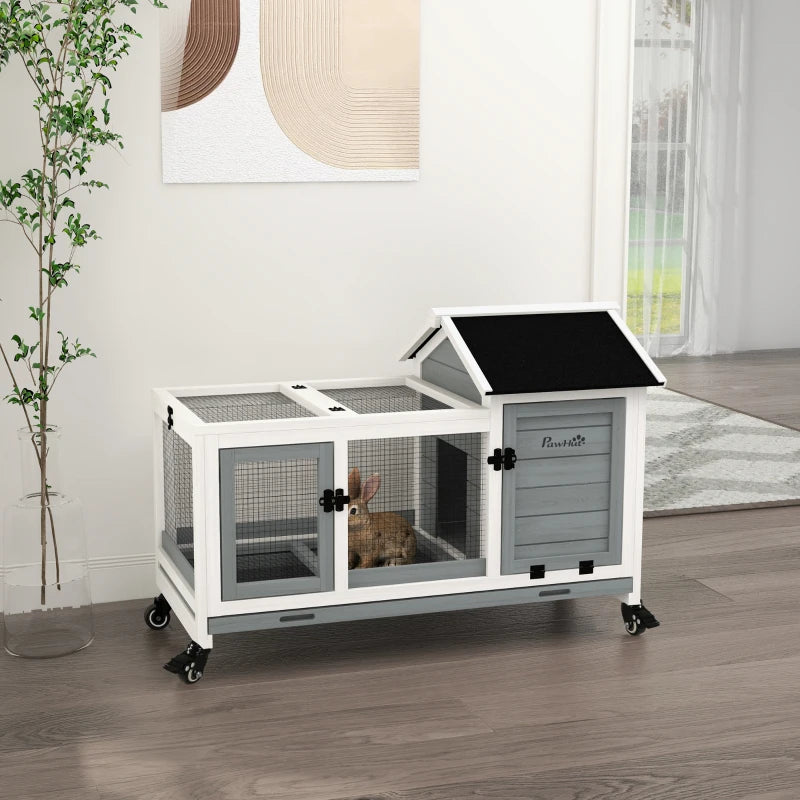 Rabbit Cage with Wheels, Ramp, Run, Tray for Indoor Outdoor, Suitable for Rabbit, Guinea Pig, Grey