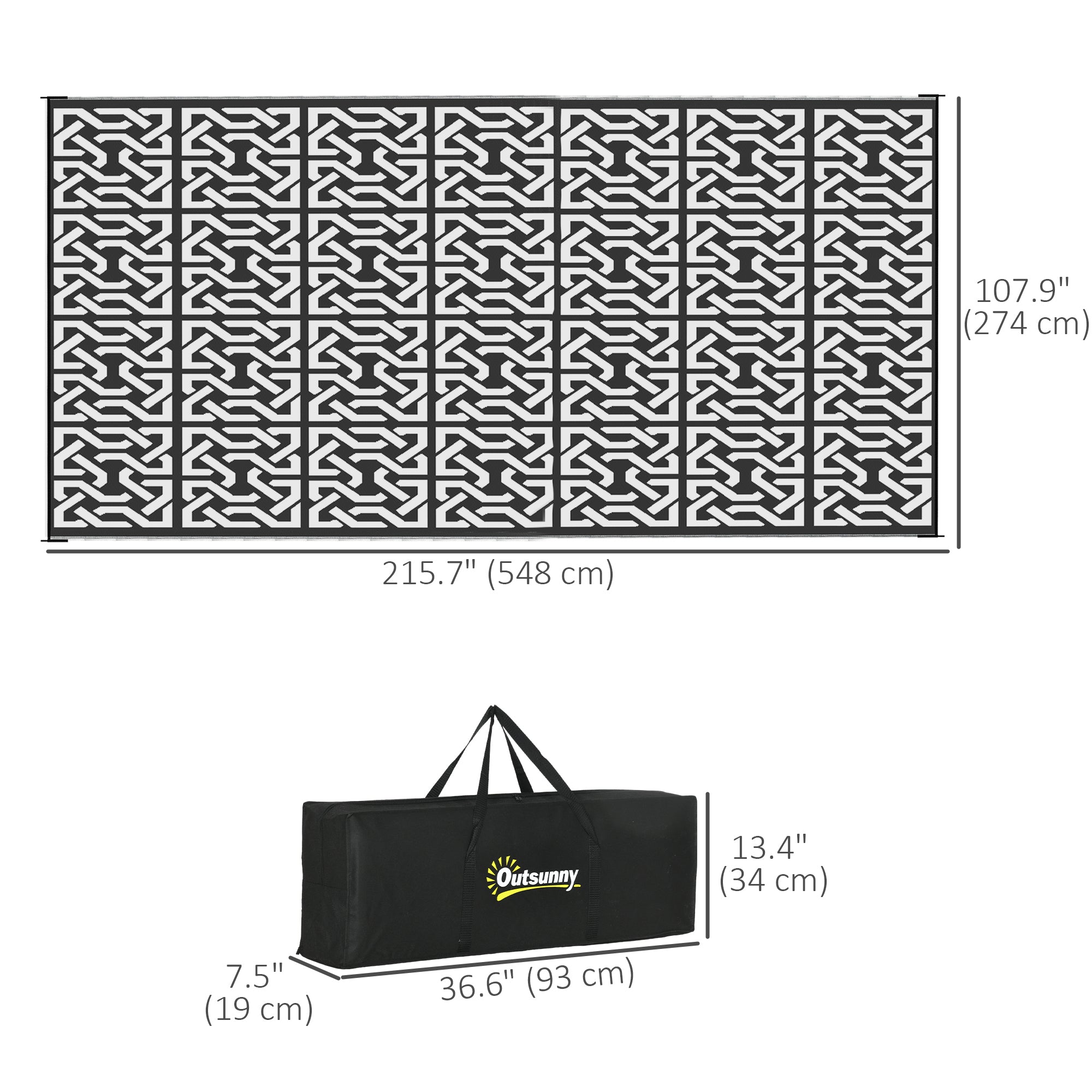 Outsunny 9x18ft Black White Chain Design Reversible Outdoor Rug Waterproof Plastic Straw with Carry Bag 