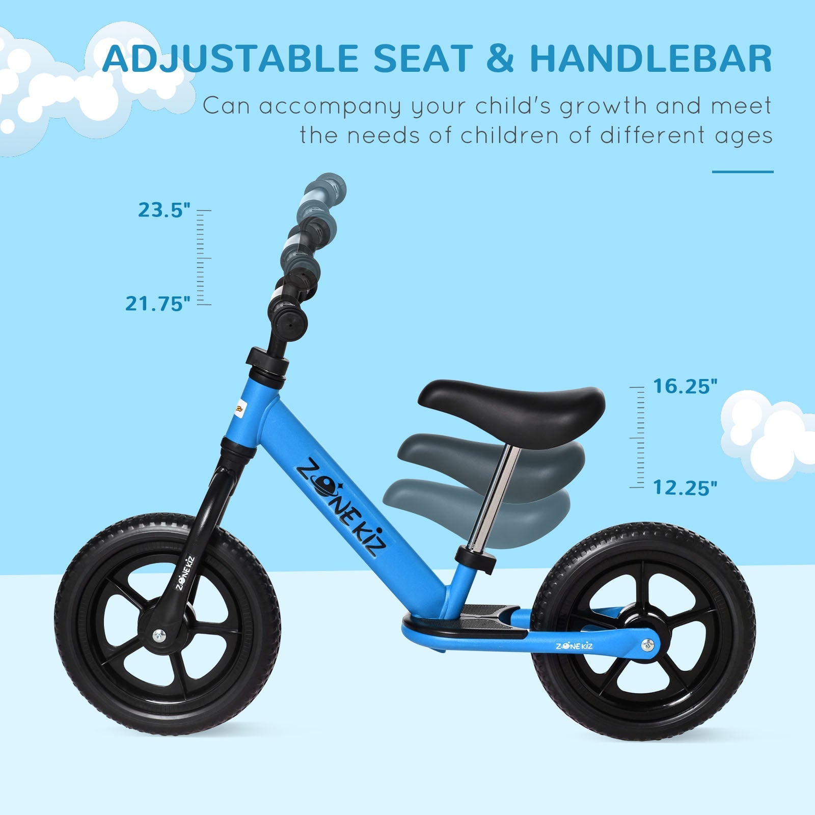 Aosom Qaba 12 Kids Balance Bike No Pedal Training Bicycle Adjustable Seat Handlebar Toddler Bike 3 - 5 Years 