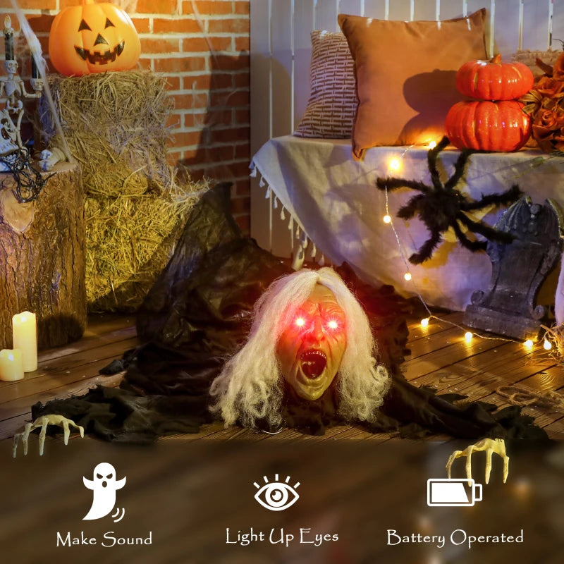 Outsunny 72" Life-Size Halloween Animated Crawling Zombie – LED Eyes, Battery Operated 