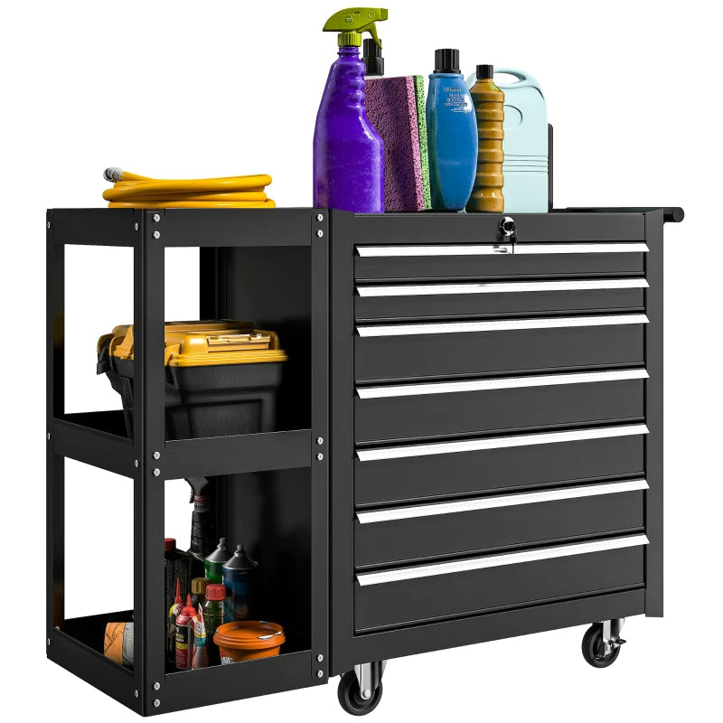 7-Drawer Rolling Tool Chest with Detachable Side Shelf, Lockable Tool Cabinet Box Organizer with Wheels, Black